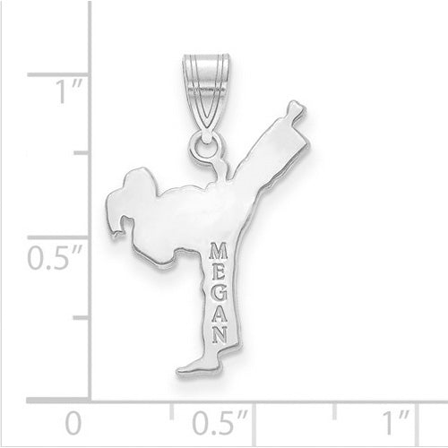 Sterling Silver Rhodium-plated Laser Polished Name Karate Charm. The pendant is shown on a ruled background.