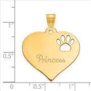 Gold Plated Sterling Silver Heart Pendant with Pawprint Cutout. The pendant is shown on a ruled background.