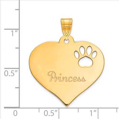 Gold Plated Sterling Silver Heart Pendant with Pawprint Cutout. The pendant is shown on a ruled background.