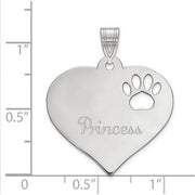 Sterling Silver Rhodium-plated Heart Pendant with Pawprint Cutout. The pendant is shown on a ruled background.