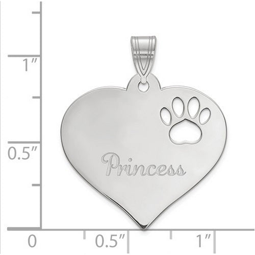 Sterling Silver Rhodium-plated Heart Pendant with Pawprint Cutout. The pendant is shown on a ruled background.