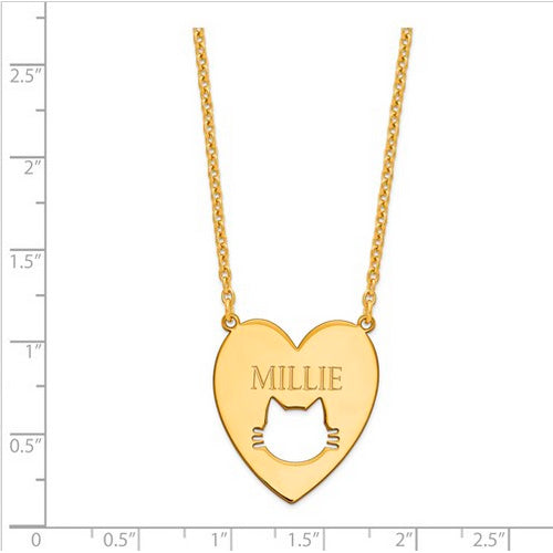 Gold Plated Sterling Silver Heart with Cat Face Necklace. The pendant is shown on a ruled background.