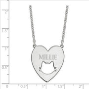 Sterling Silver Rhodium-plated Heart with Cat Face Necklace. The pendant is shown on a ruled background.