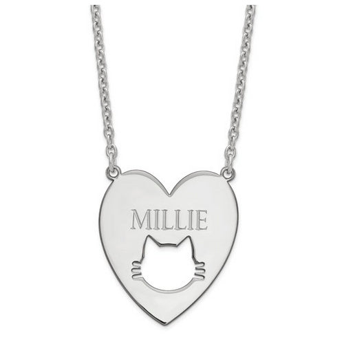 Sterling Silver Rhodium-plated Heart with Cat Face Necklace