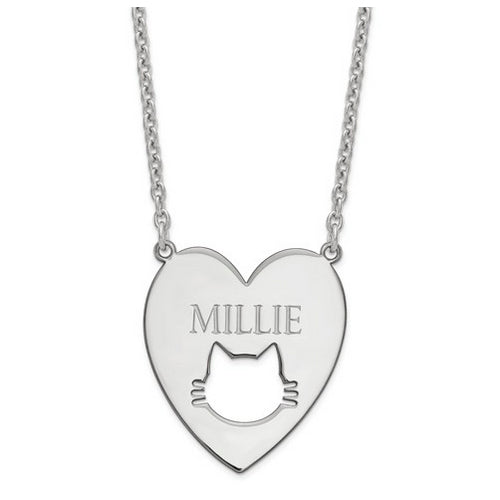 Sterling Silver Rhodium-plated Heart with Cat Face Necklace