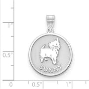 Sterling Silver Rhodium-plated Personalized Dog Charm. The pendant is shown on a ruled background.