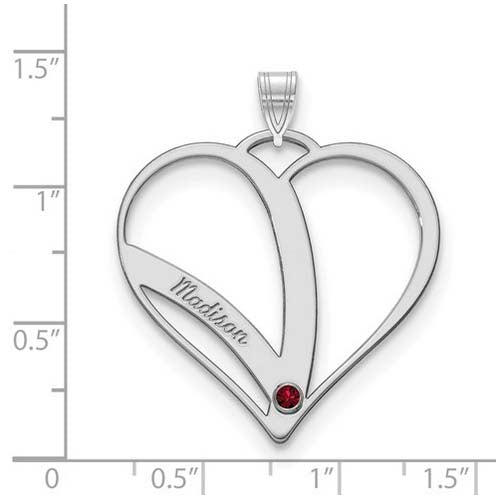 Mothers Heart Silver Pendant With 1 Name and Birthstone. The pendant is shown on a ruled background.