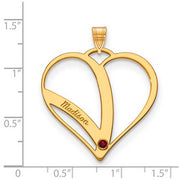 Mothers Heart Gold Pendant With 1 Name and Birthstone. The pendant is shown on a ruled background.