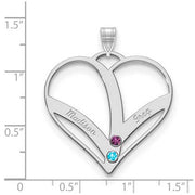 Mothers Heart Silver Pendant With 2 Name and Birthstone. The pendant is shown on a ruled background.