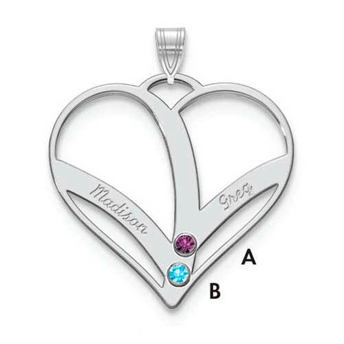Mothers Heart Silver Pendant With 2 Name and Birthstone