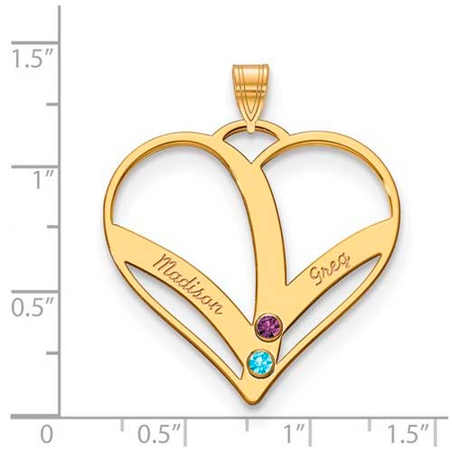 Mothers Heart Gold Pendant With 2 Name and Birthstone. The pendant is shown on a ruled background.