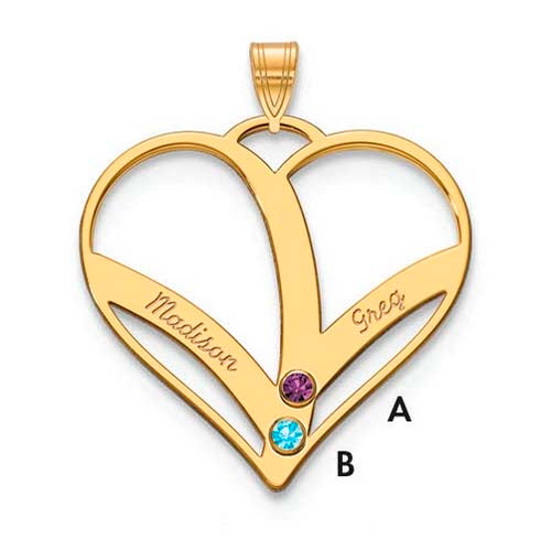 Mothers Heart Gold Pendant With 2 Name and Birthstone