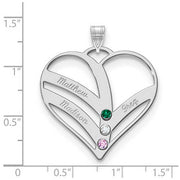 Mothers Heart silver Pendant With 3 Name and Birthstone. The pendant is shown on a ruled background.
