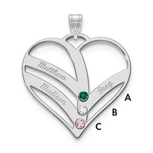 Mothers Heart Silver Pendant With 3 Name and Birthstone