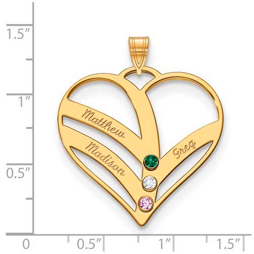 Mothers Heart Gold Pendant With 3 Name and Birthstone. The pendant is shown on a ruled background.