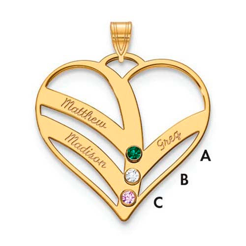 Mothers Heart Gold Pendant With 3 Name and Birthstone