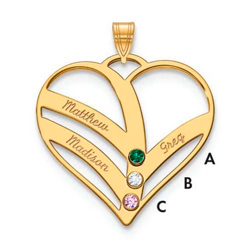 Mothers Heart Pendant With 3 Name and Birthstone