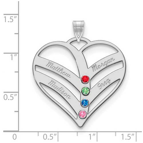 Mothers Heart Silver Pendant With 4 Name and Birthstone. The pendant is shown on a ruled background.