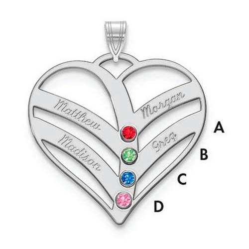 Mothers Heart Silver Pendant With 4 Name and Birthstone