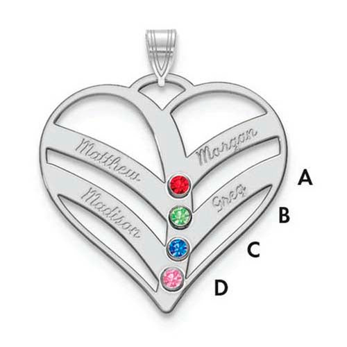 Mothers Heart Pendant With 4 Name and Birthstone