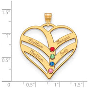 Mothers Heart Gold Pendant With 4 Name and Birthstone. The pendant is shown on a ruled background.