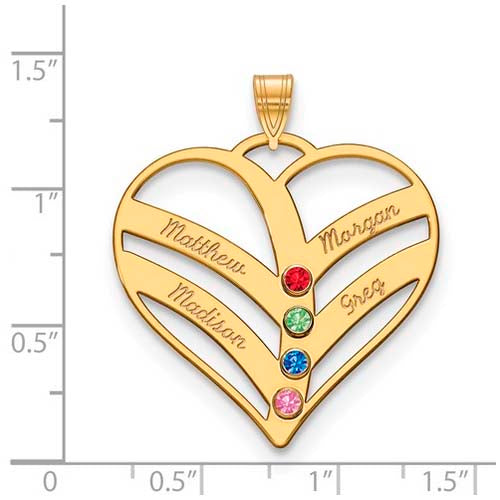 Mothers Heart Gold Pendant With 4 Name and Birthstone. The pendant is shown on a ruled background.