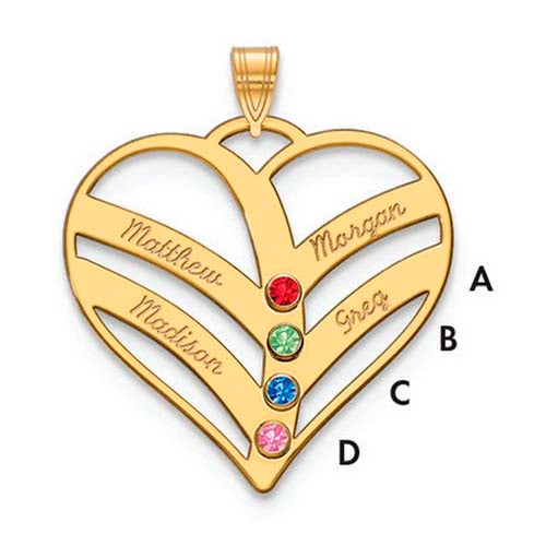 Mothers Heart Gold Pendant With 4 Name and Birthstone