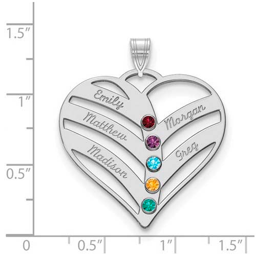 Mothers Heart silver Pendant With 5 Name and Birthstone. The pendant is shown on a ruled background.