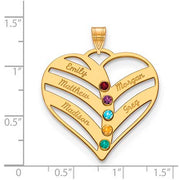 Mothers Heart Gold Pendant With 5 Name and Birthstone. The pendant is shown on a ruled background.