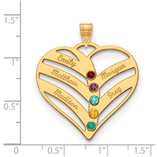 Mothers Heart Gold Pendant With 5 Name and Birthstone. The pendant is shown on a ruled background.