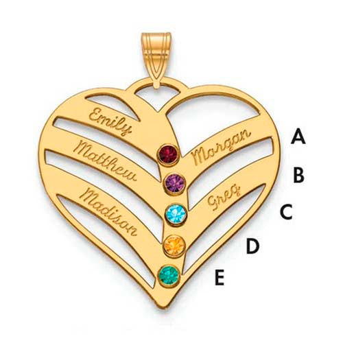 Mothers Heart Gold Pendant With 5 Name and Birthstone