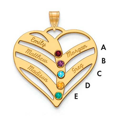 Mothers Heart Pendant With 5 Name and Birthstone