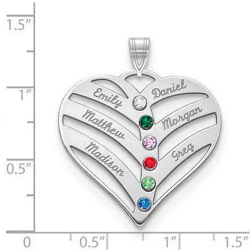 Mothers Heart Silver Pendant With 6 Name and Birthstone. The pendant is shown on a ruled background.