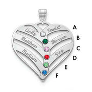 Mothers Heart Silver Pendant With 6 Name and Birthstone