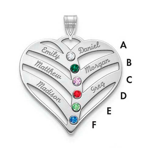Mothers Heart Silver Pendant With 6 Name and Birthstone