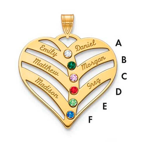 Mothers Heart Pendant With 6 Name and Birthstone