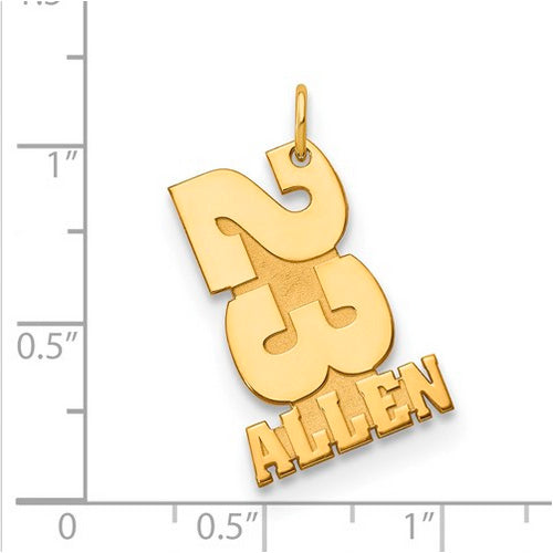 GP Stacked Number and Name Charm. The pendant is shown on a ruled background.