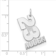 Sterling Silver Rhodium-plated Stacked Number and Name Charm. The pendant is shown on a ruled background.