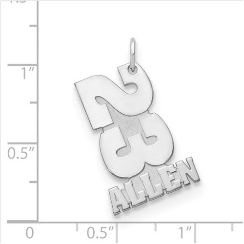 Sterling Silver Rhodium-plated Stacked Number and Name Charm. The pendant is shown on a ruled background.