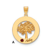 The Circle Pendant With 1 Birthstone showcases a round gold pendant featuring a detailed tree cutout. A small red birthstone is set at the bottom left of the tree, with the name "Ashley" inscribed nearby. This high-quality gold pendant hangs from a decorated bail, which has the letter "A" on its left side.