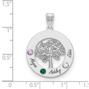 Introducing the Circle Pendant With 3 Birthstones - a high-quality silver pendant featuring a tree design at the center. The circle is adorned with three distinct gemstones: a green gem at the bottom left (B), a pink gem at the top left (A), and a clear gem at the bottom right (C). The names "Megan," "Ashley," and "Robin" are elegantly engraved near their respective gemstones. The pendant is shown on a ruled background.