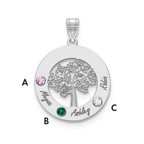 Introducing the Circle Pendant With 3 Birthstones - a high-quality silver pendant featuring a tree design at the center. The circle is adorned with three distinct gemstones: a green gem at the bottom left (B), a pink gem at the top left (A), and a clear gem at the bottom right (C). The names "Megan," "Ashley," and "Robin" are elegantly engraved near their respective gemstones.