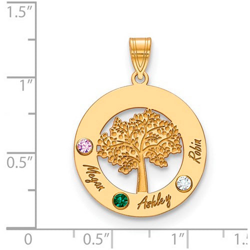 Introducing the Circle Pendant With 3 Birthstones - a high-quality gold pendant featuring a tree design at the center. The circle is adorned with three distinct gemstones: a green gem at the bottom left (B), a pink gem at the top left (A), and a clear gem at the bottom right (C). The names "Megan," "Ashley," and "Robin" are elegantly engraved near their respective gemstones. The pendant is shown on a ruled background.