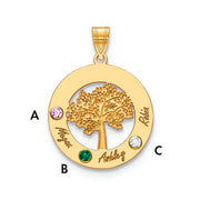 Introducing the Circle Pendant With 3 Birthstones - a high-quality gold pendant featuring a tree design at the center. The circle is adorned with three distinct gemstones: a green gem at the bottom left (B), a pink gem at the top left (A), and a clear gem at the bottom right (C). The names "Megan," "Ashley," and "Robin" are elegantly engraved near their respective gemstones.
