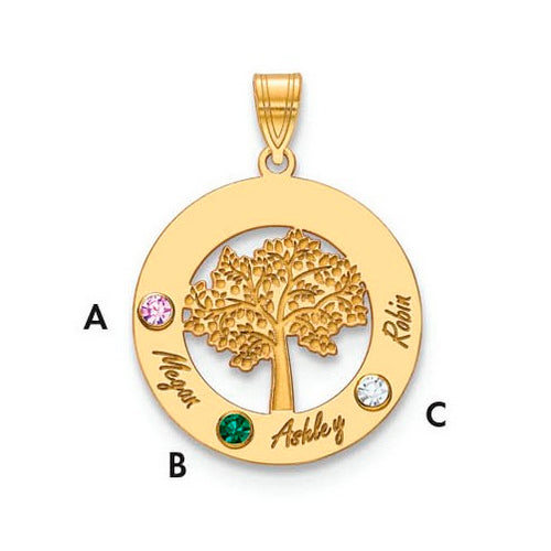 Introducing the Circle Pendant With 3 Birthstones - a high-quality gold pendant featuring a tree design at the center. The circle is adorned with three distinct gemstones: a green gem at the bottom left (B), a pink gem at the top left (A), and a clear gem at the bottom right (C). The names "Megan," "Ashley," and "Robin" are elegantly engraved near their respective gemstones.