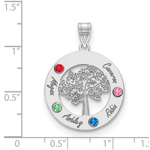 Product Description: The Circle Pendant With 4 Birthstones is a stunning silver piece featuring a circular design with a tree cut-out at its center. This exquisite piece of jewelry showcases four birthstones: a red one labeled "A," a green one labeled "B," a blue one labeled "C," and a pink one labeled "D." The names Megan, Ashley, Robin, and Cameron are elegantly engraved near the stones. The pendant is shown on a ruled background.
