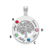 Product Description: The Circle Pendant With 4 Birthstones is a stunning silver piece featuring a circular design with a tree cut-out at its center. This exquisite piece of jewelry showcases four birthstones: a red one labeled "A," a green one labeled "B," a blue one labeled "C," and a pink one labeled "D." The names Megan, Ashley, Robin, and Cameron are elegantly engraved near the stones.