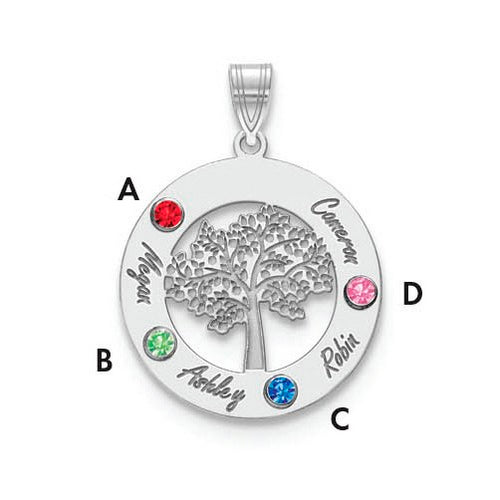 Product Description: The Circle Pendant With 4 Birthstones is a stunning silver piece featuring a circular design with a tree cut-out at its center. This exquisite piece of jewelry showcases four birthstones: a red one labeled "A," a green one labeled "B," a blue one labeled "C," and a pink one labeled "D." The names Megan, Ashley, Robin, and Cameron are elegantly engraved near the stones.