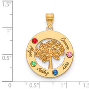 Product Description: The Circle Pendant With 4 Birthstones is a stunning gold piece featuring a circular design with a tree cut-out at its center. This exquisite piece of jewelry showcases four birthstones: a red one labeled "A," a green one labeled "B," a blue one labeled "C," and a pink one labeled "D." The names Megan, Ashley, Robin, and Cameron are elegantly engraved near the stones. The pendant is shown on a ruled background.