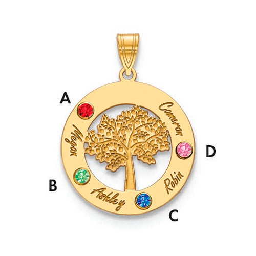 Product Description: The Circle Pendant With 4 Birthstones is a stunning gold piece featuring a circular design with a tree cut-out at its center. This exquisite piece of jewelry showcases four birthstones: a red one labeled "A," a green one labeled "B," a blue one labeled "C," and a pink one labeled "D." The names Megan, Ashley, Robin, and Cameron are elegantly engraved near the stones.